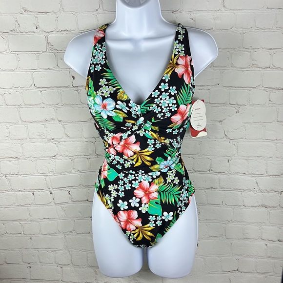 Women’s Soft & Sculpting One Piece Swimsuit Size L black with floral print. NWT - Picture 1 of 8